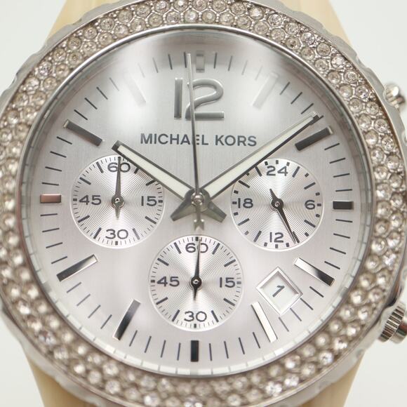 Michael Kors 42mm Chronograph Watch 6" Jet Set Horn Beige Acrylic w New Battery - Picture 6 of 13